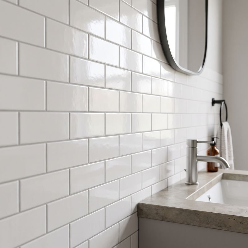 Pared de baño alicatada con azulejo metro blanco brillante y junta gris