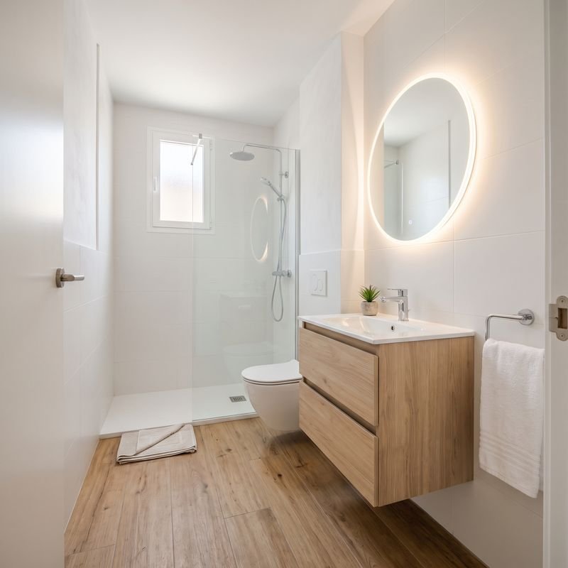 Baño con plato de ducha blanco extraplano y mampara fija de cristal en el hueco de la antigua bañera