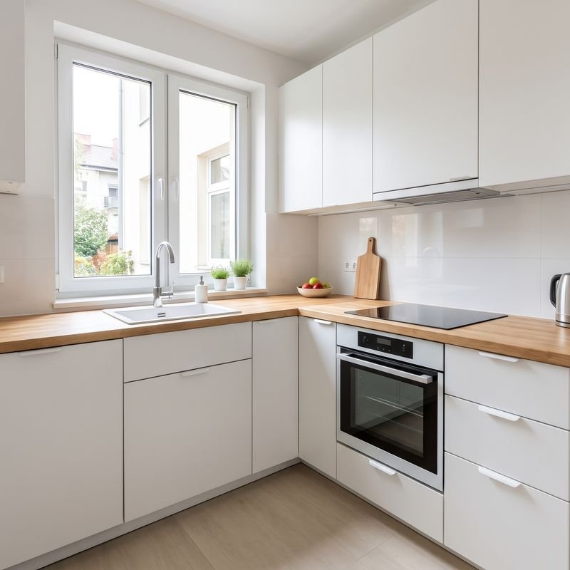 Cocina en L montada con muebles blancos, encimera de madera, placa de inducción y horno integrado
