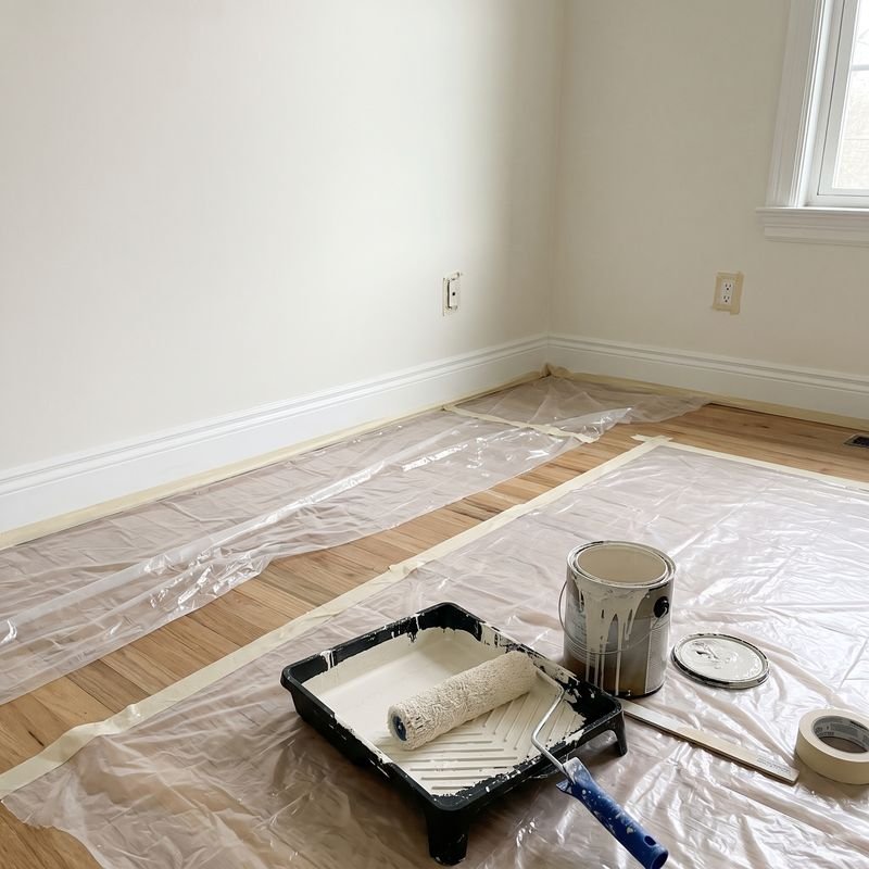 Habitación recién pintada de blanco con el suelo protegido con plástico, rodillo y bote de pintura