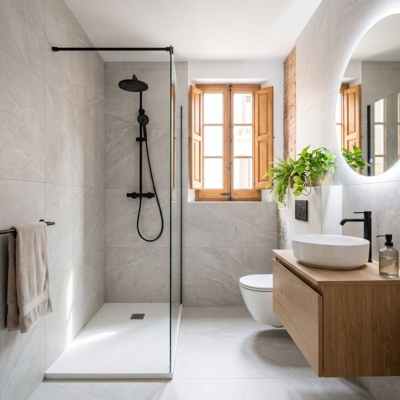Baño reformado con porcelánico gris, plato de ducha blanco, mueble de madera suspendido y grifería negra