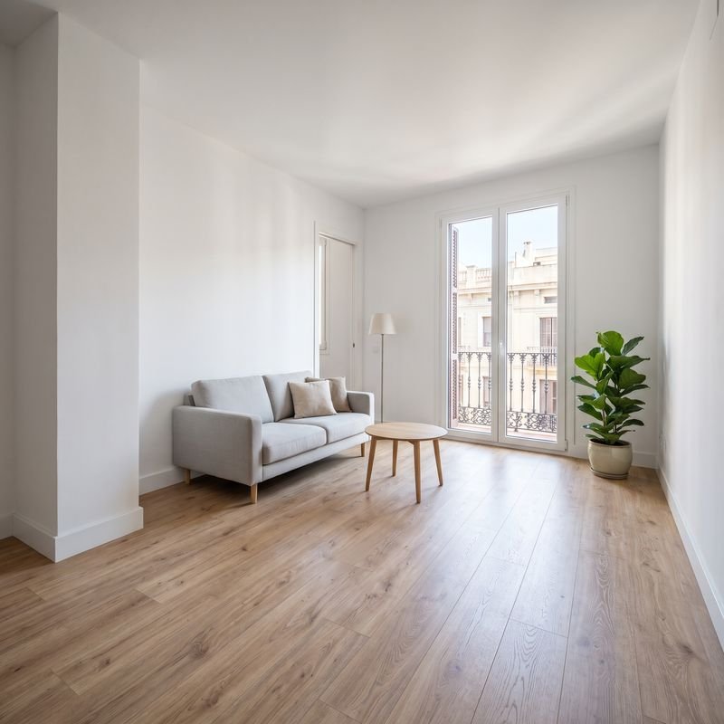 Salón con suelo laminado imitación roble recién instalado y rodapié blanco