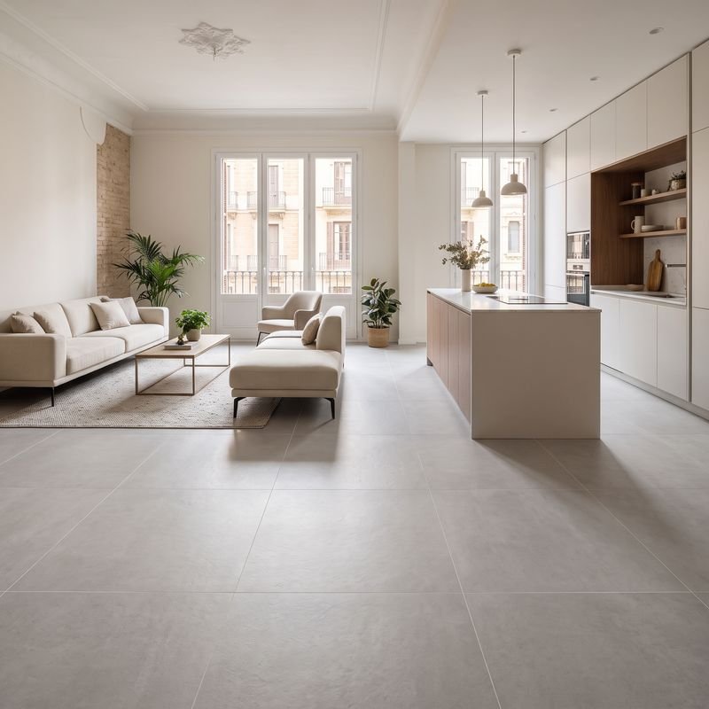 Salón y cocina abiertos con suelo porcelánico gris claro de gran formato